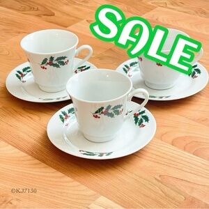 Vintage Alco Holly and Berries Porcelain Christmas Cups & Saucers Set of 3